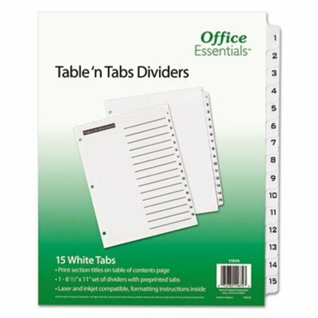 AVERY DENNISON Office Ess, TABLE 'N TABS DIVIDERS, 15-TAB, 1 TO 15, 11 X 8.5, WHITE 11674